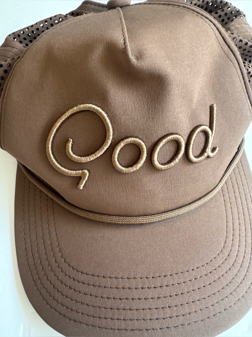 Good Embroidered Trucker Hat in Brown